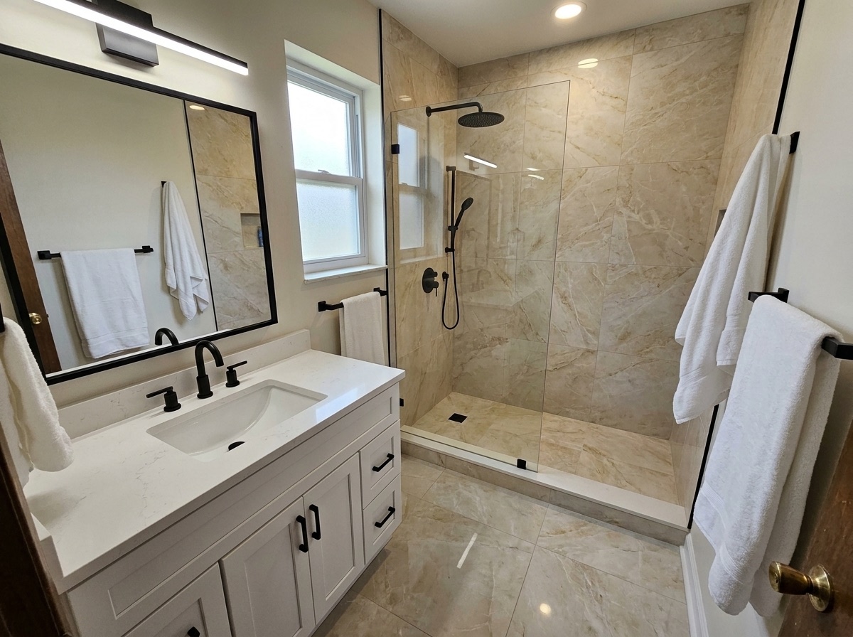 Modern bathroom with walk-in shower after remodeling