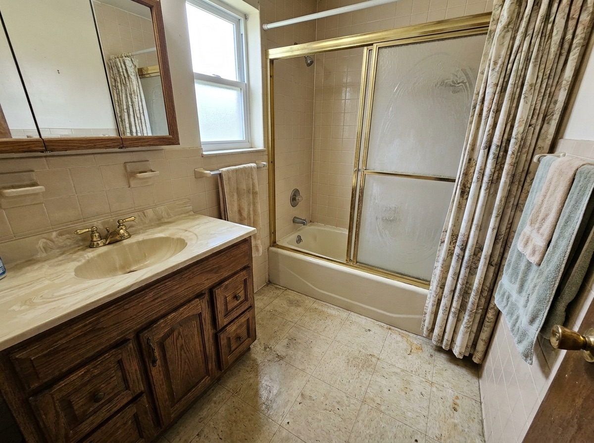 Dated beige bathroom before remodeling
