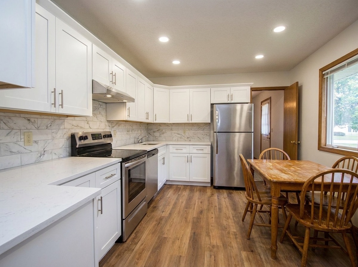 Bright white shaker kitchen with quartz countertops after remodeling